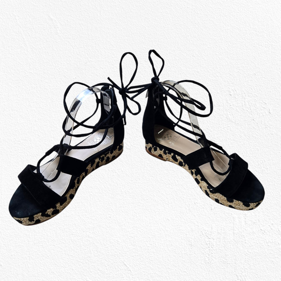 Vince Camuto Black Suede Espadrille Animal Print Strappy Tie Sandals Size 8.5 - Picture 3 of 9